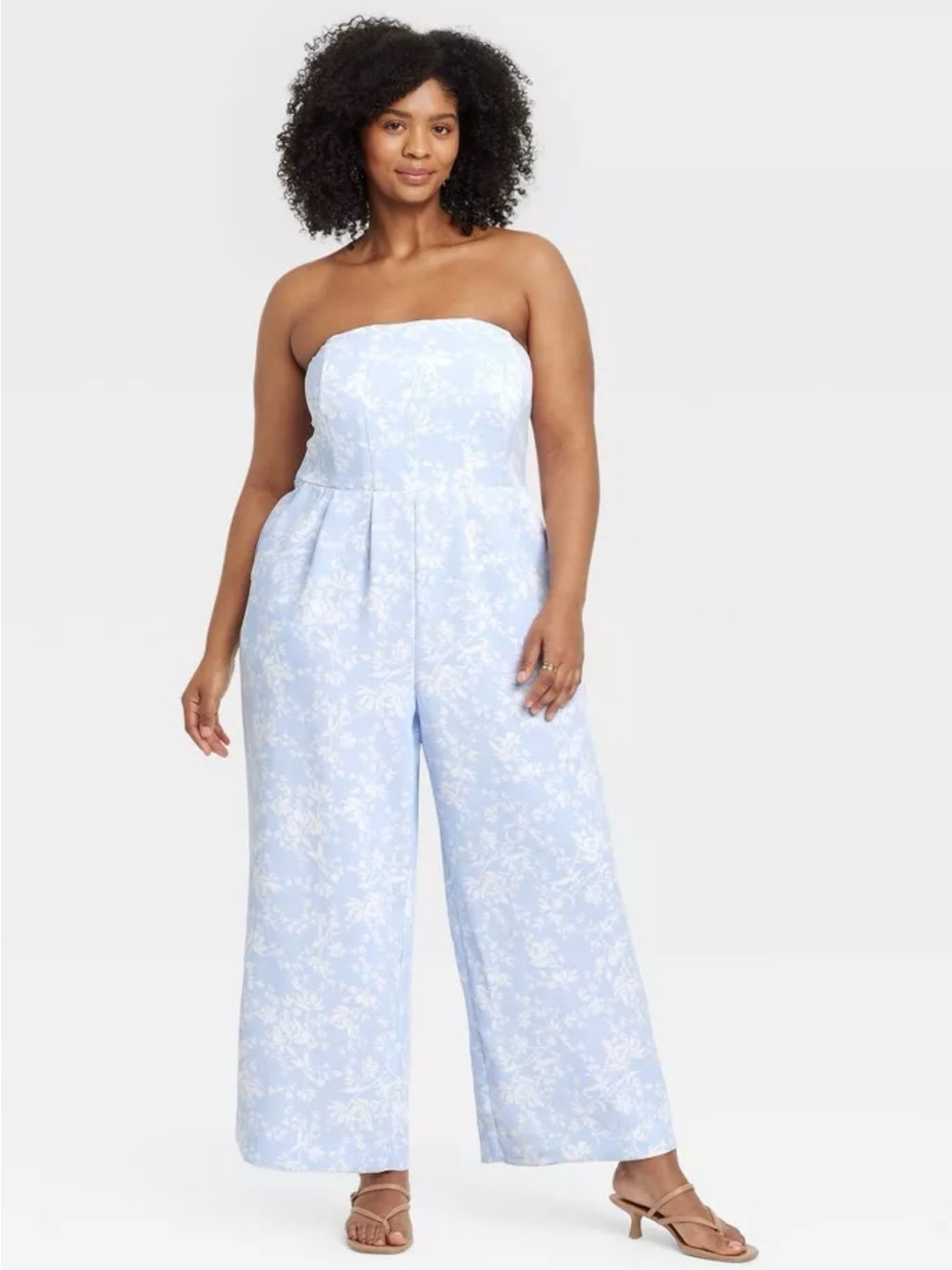 Women's New Day strapless wide-leg jumpsuit, blue and white floral print, size S